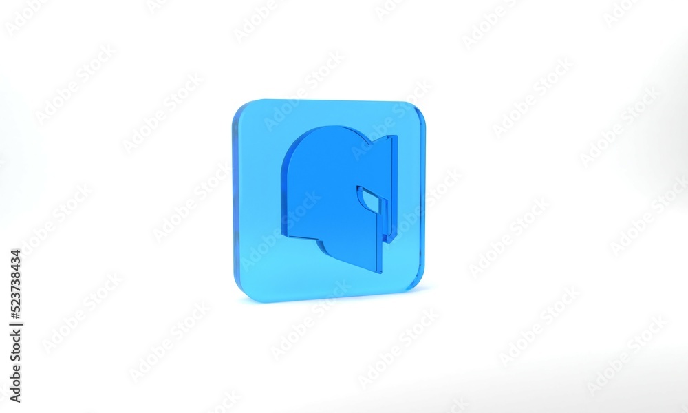 Blue Medieval iron helmet for head protection icon isolated on grey background. Knight helmet. Glass square button. 3d illustration 3D render