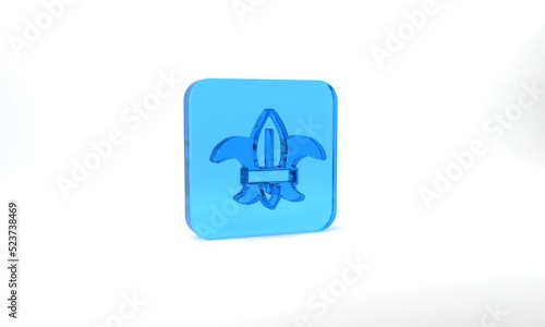 Blue Fleur de lys or lily flower icon isolated on grey background. Glass square button. 3d illustration 3D render