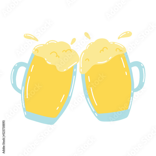 Two beer glasses with beer. Foam beer. Oktoberfest. Vector illustration.