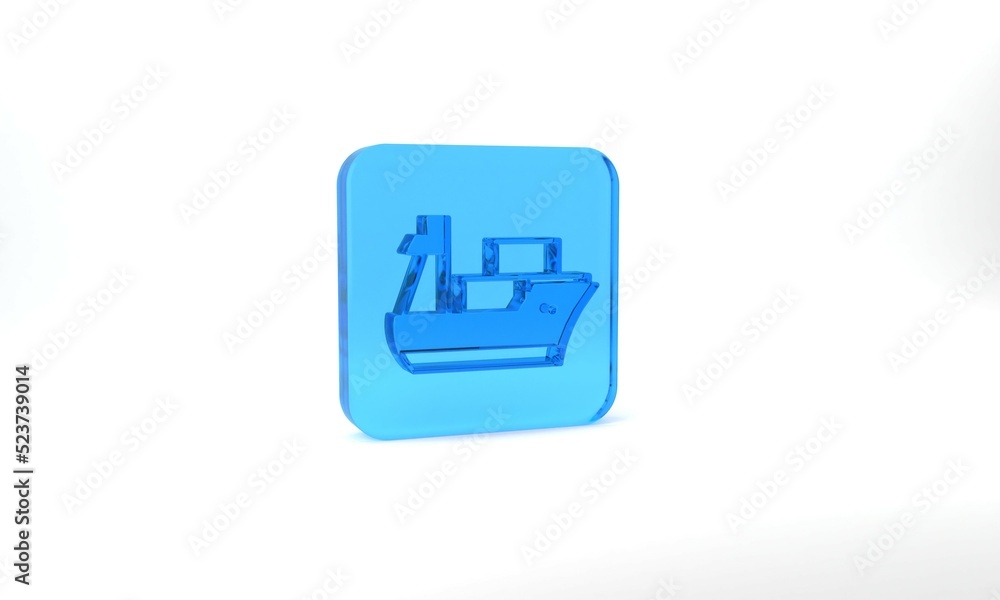 Blue Cargo ship icon isolated on grey background. Glass square button. 3d illustration 3D render Blue Cargo ship icon isolated on grey background. Glass square button. 3d illustration 3D render