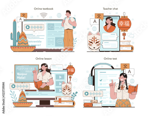 Language school online service or platform set. Professor teaching foreign