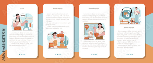 Language school mobile application banner set. Professor teaching foreign