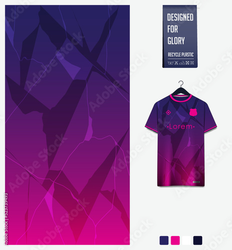 Soccer jersey pattern design. Kintsugi pattern on violet background for soccer kit, football kit, sports uniform. T shirt mockup template. Fabric pattern. Abstract background. 