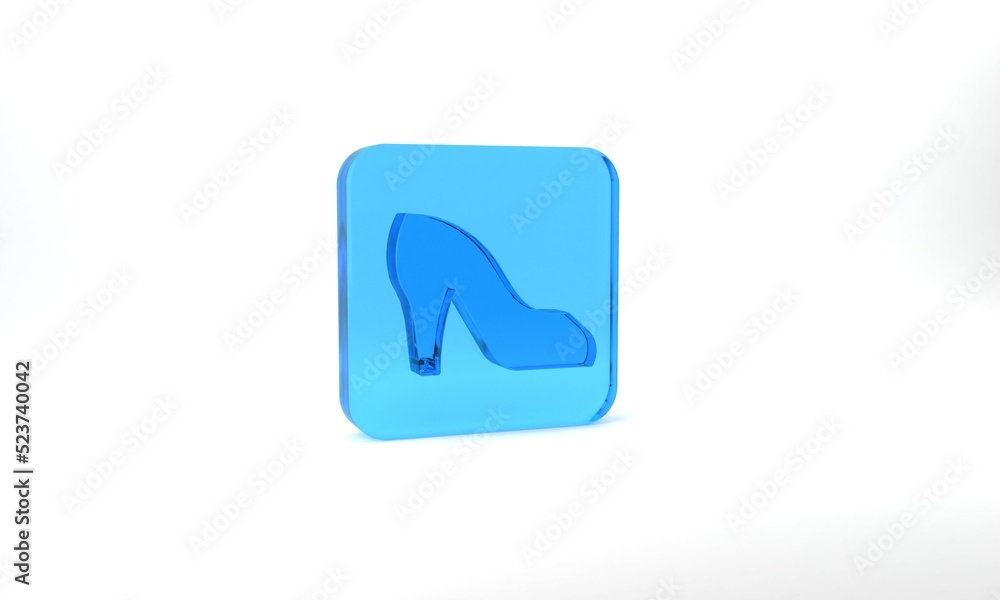 Blue Woman shoe with high heel icon isolated on grey background. Glass square button. 3d illustration 3D render Blue Woman shoe with high heel icon isolated on grey background. Glass square button. 3d illustration 3D render