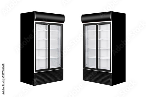 Commercial glass door drink fridge cooler with two display sections mockup isolated on white background. 3d rendering. photo