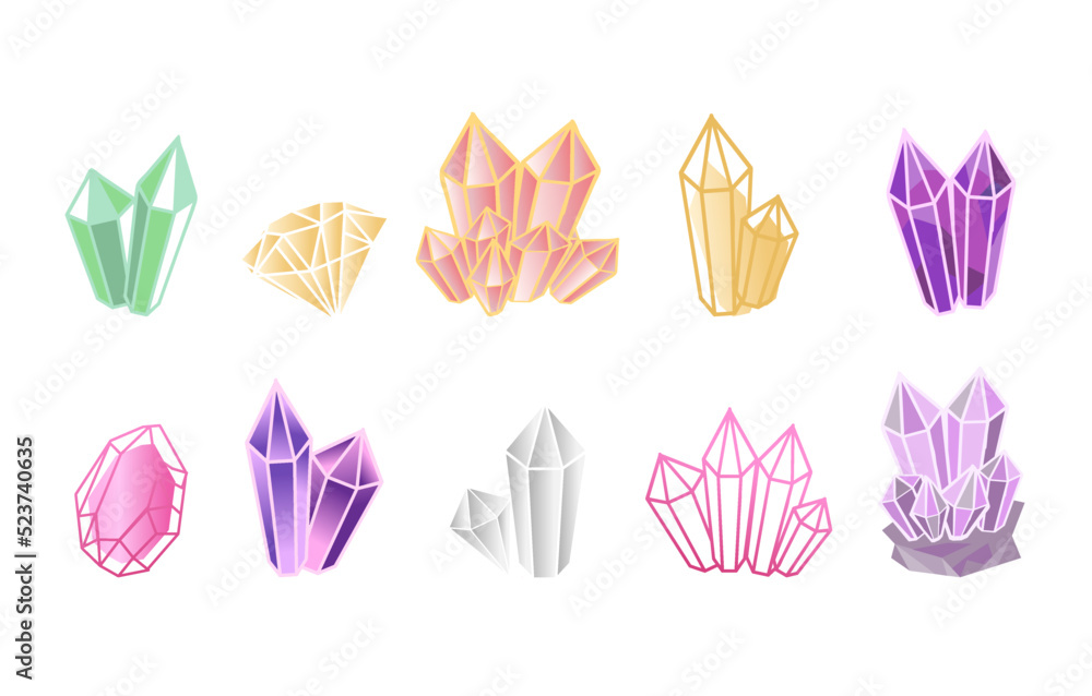 set of color and golden crystals and hand drawing gems, different colors of outline on white background. set of color and golden crystals and hand drawing gems, different colors of outline on white background.