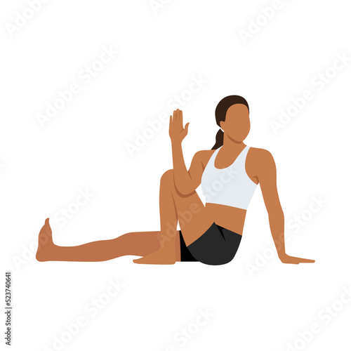Woman doing Sage Marichi Pose C Variation, Beautiful girl practice Marichyasana C Variation. Flat vector illustration isolated on white background