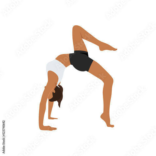 Woman doing Wheel pose variation, Chakrasana, Upward Bow Pose. Beautiful girl practice Urdhva Dhanurasana