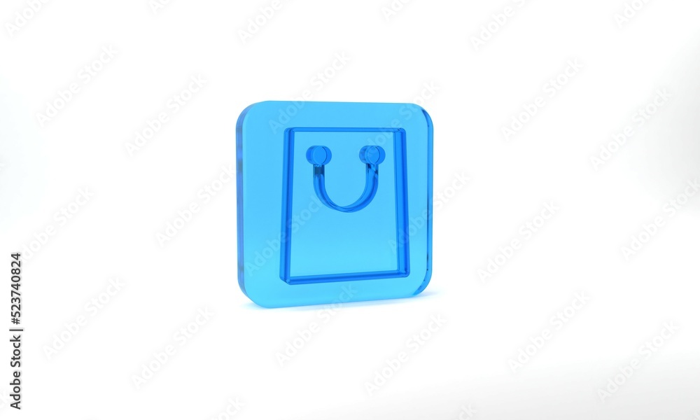 Blue Paper shopping bag icon isolated on grey background. Package sign. Glass square button. 3d illustration 3D render Blue Paper shopping bag icon isolated on grey background. Package sign. Glass square button. 3d illustration 3D render