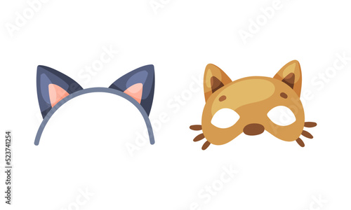 Carnival photo booth party objects set. Cat ears headband and dog mask cartoon vector illustration