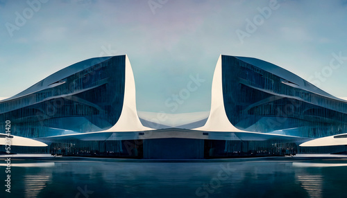 Abstract futuristic architecture curved style common use. Modern buildings, city of the future. Futuristic city mall for sci-fi graphic backgrounds. 3D illustration.