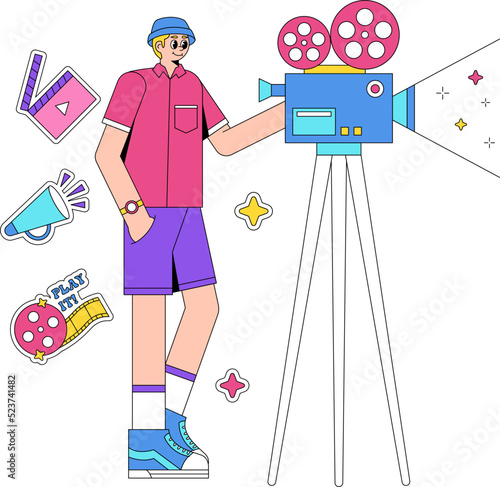 A Photographer Standing preparing his camera with stand to take a video in 90's style