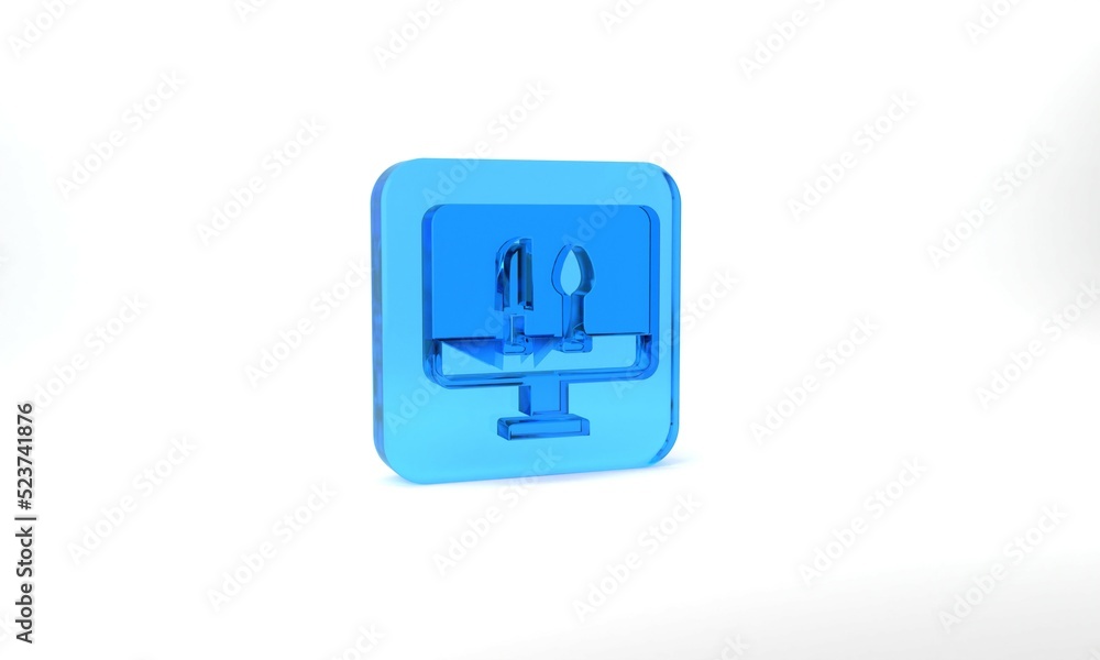 Blue Online ordering and fast food delivery icon isolated on grey background. Glass square button. 3d illustration 3D render Blue Online ordering and fast food delivery icon isolated on grey background. Glass square button. 3d illustration 3D render