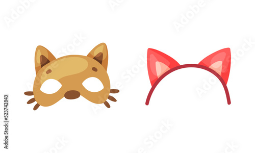 Cat ears headband and dog mask. Carnival party objects set cartoon vector illustration