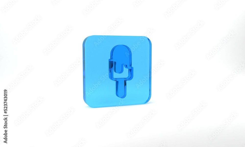 Blue Ice cream icon isolated on grey background. Sweet symbol. Glass square button. 3d illustration 3D render Blue Ice cream icon isolated on grey background. Sweet symbol. Glass square button. 3d illustration 3D render