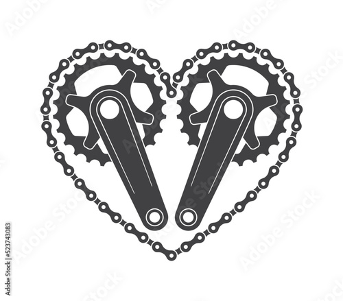 Vector black logo. Symbol heart with bicycle crank and chain. Tattoo symbol love bike. Isolated on white background