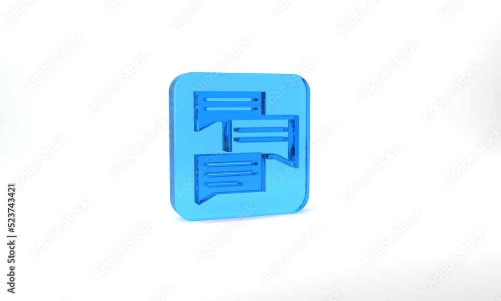 Blue Speech bubble chat icon isolated on grey background. Message icon. Communication or comment chat symbol. Glass square button. 3d illustration 3D render Blue Speech bubble chat icon isolated on grey background. Message icon. Communication or comment chat symbol. Glass square button. 3d illustration 3D render