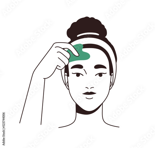 Woman massaging face skin with gua sha jade scraper. Young girl using beauty facial guasha massager for forehead lymphatic treatment. Lineart flat vector illustration isolated on white background