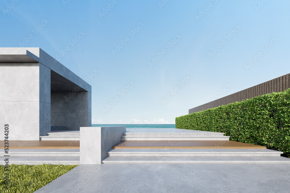 3d rendering of concrete building with wooden terrace on sea background.