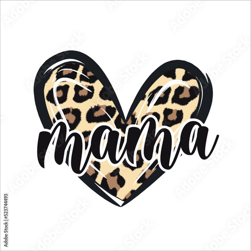 Mama on hand drawn leopard heart. Modern design.