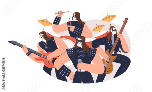 Hard rock music band. Heavy metal vocalist, musicians playing guitar, drum, singing. Artists group performing in leather costumes and makeup. Flat vector illustration isolated on white background