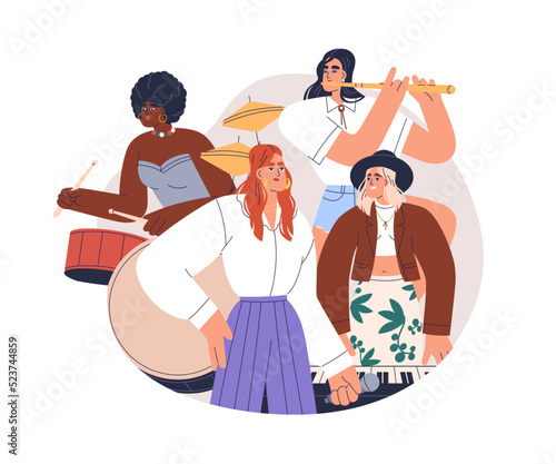 Girls music band with musicians play synthesizer, drum, flute instruments, vocalist with microphone. Women artists perform indie style. Flat graphic vector illustration isolated on white background