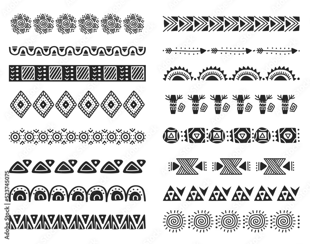 African tribal brushes. Black and white hand drawn horizontal seamless
