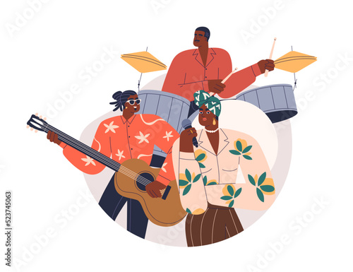 Jazz music band, African-American trio. Black people singer and musicians playing guitar, drum instruments. Artists group performing blues. Flat vector illustration isolated on white background
