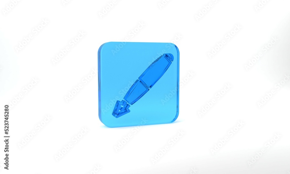 Blue Fountain pen nib icon isolated on grey background. Pen tool sign. Glass square button. 3d illustration 3D render Blue Fountain pen nib icon isolated on grey background. Pen tool sign. Glass square button. 3d illustration 3D render