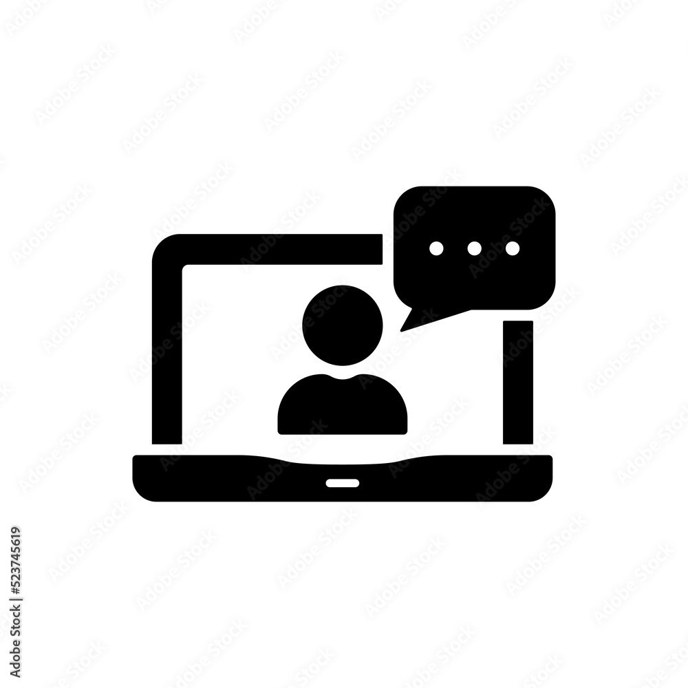 Video Conference on Laptop Silhouette Icon. Online Web Business Chat on Computer Pictogram. Virtual Communication Meeting Work from Home Black Icon. Isolated Vector Illustration Video Conference on Laptop Silhouette Icon. Online Web Business Chat on Computer Pictogram. Virtual Communication Meeting Work from Home Black Icon. Isolated Vector Illustration