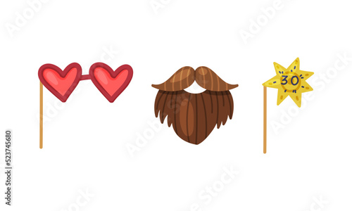 Heart shaped glasses on stick, moustache and beard. Carnival party objects set cartoon vector illustration