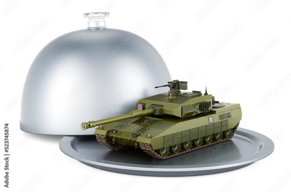 Restaurant cloche with battle tank, 3D rendering Restaurant cloche with battle tank, 3D rendering