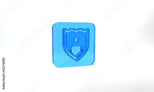 Blue Life insurance with shield icon isolated on grey background. Security, safety, protection, protect concept. Glass square button. 3d illustration 3D render © Iryna
