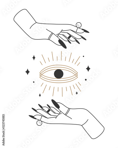 Mystic esoteric Boho poster with witch hands and all-seeing eye. Spiritual witchcraft arms with rings holding eye symbol. Magic bohemian amulet between palms. Fortune telling power vector