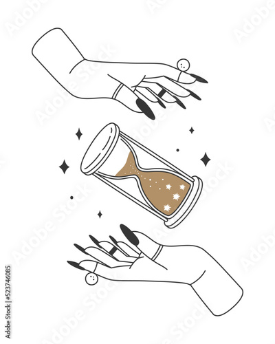 Mystic witch hands with hourglass. Boho witchcraft tarot card. Esoteric astrological symbol for bohemian tattoo. Female arms with rings holding sandglass with stars. Sacred clock vector