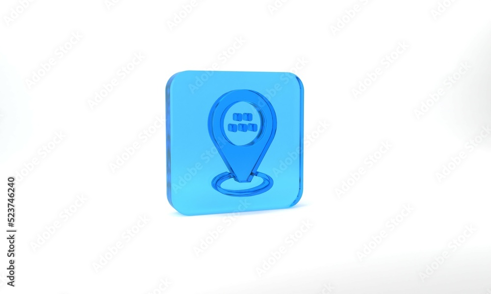 Blue Map pointer with taxi car icon isolated on grey background. Location symbol. Glass square button. 3d illustration 3D render Blue Map pointer with taxi car icon isolated on grey background. Location symbol. Glass square button. 3d illustration 3D render