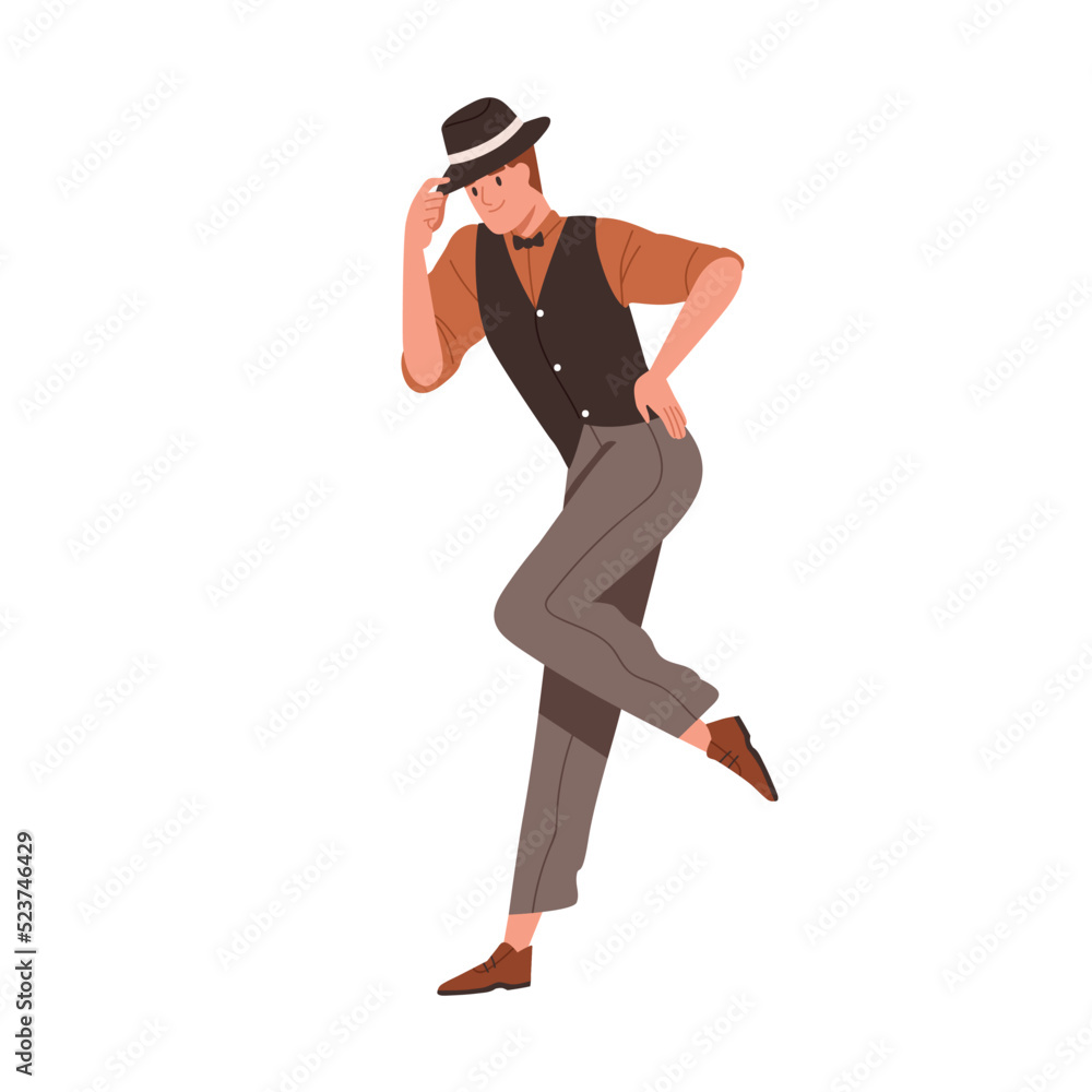 Fototapeta premium Man dancing charleston at 1920s Chicago party. Broadway dancer of 20s America. Elegant person with retro hat tip movement, swinging to jazz. Flat vector illustration isolated on white background