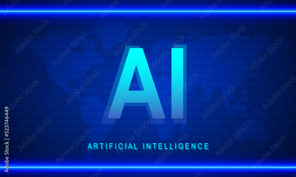 AI text with neon line on binary code and world map background ...