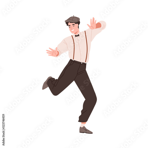 Man dancing charleston at 1920s gatsby party. Broadway male dancer of twenties. Happy fashion stylish person of Chicago 20s and 30s. Flat vector illustration isolated on white background