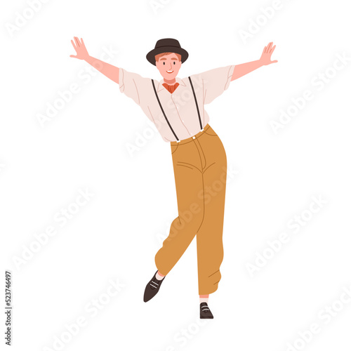 Man dancing at 1920s Broadway gatsby party. New York dancer of 20s twenties America. Young guy in retro fashion outfit, suspenders and hat. Flat vector illustration isolated on white background