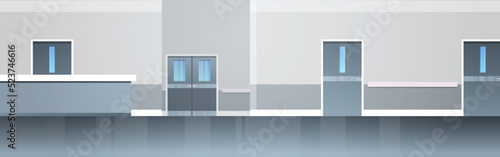 Empty hospital corridor area no people and open space modern hospital rooms corridor interior design flat vector illustration.