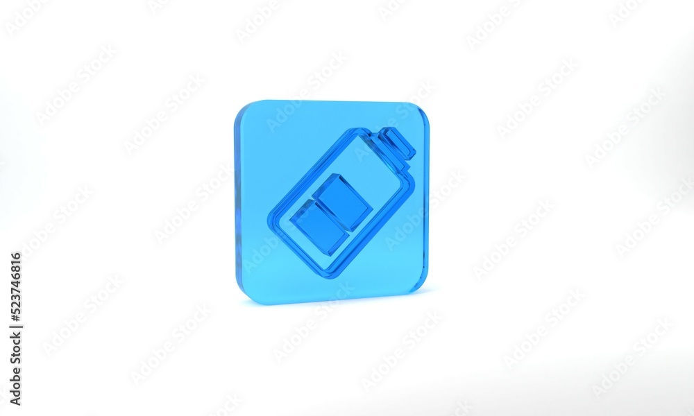 Blue Battery charge level indicator icon isolated on grey background. Glass square button. 3d illustration 3D render Blue Battery charge level indicator icon isolated on grey background. Glass square button. 3d illustration 3D render