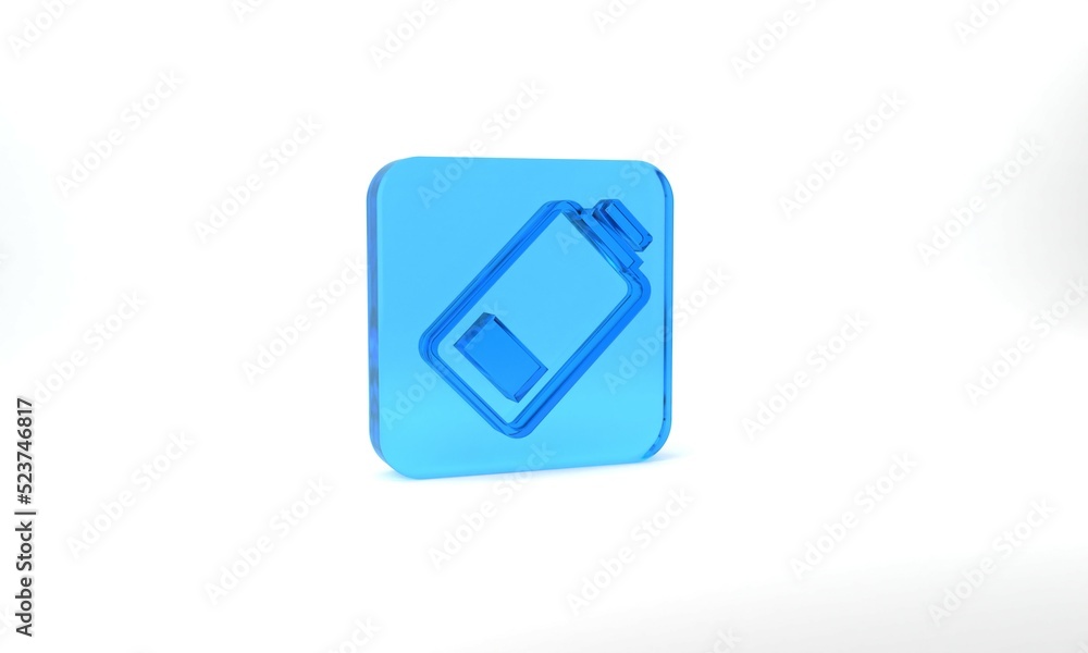 Blue Battery charge level indicator icon isolated on grey background. Glass square button. 3d illustration 3D render Blue Battery charge level indicator icon isolated on grey background. Glass square button. 3d illustration 3D render