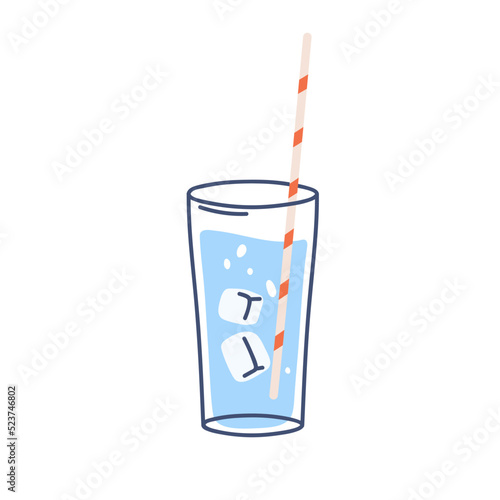 Full water glass with ice cubes and straw. Clean cold fresh aqua in lineart cup. Sparkling carbonated refreshing drink with bubbles. Line-art flat vector illustration isolated on white background