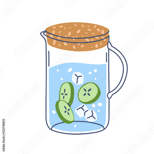 Cold water in glass jug with cork. Summer detox drink with cucumber, ice cube...