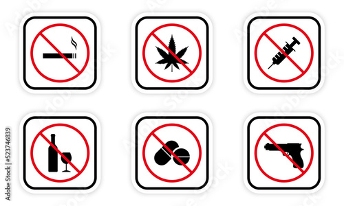 Ban Illegal Drug, Drink Alcohol, Take Pill, Smoke Cigarette, Gun Silhouette Icon Set. Danger Addiction, Warning Weapon Forbidden Zone Pictogram. Narcotic Stop Symbol. Isolated Vector Illustration