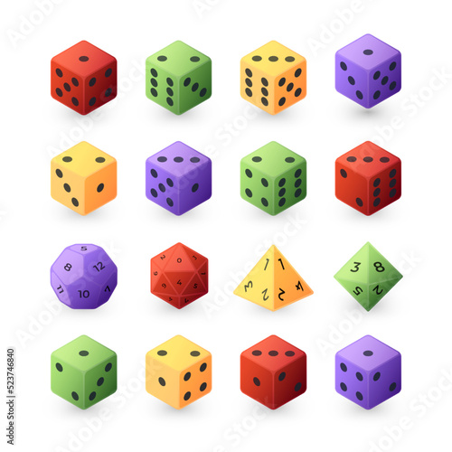 Board game dice. Role playing different sided game dice collection, family gaming and casino gambling pieces of various shapes. Vector polyhedral dices isolated set. Colorful realistic cubes with dots