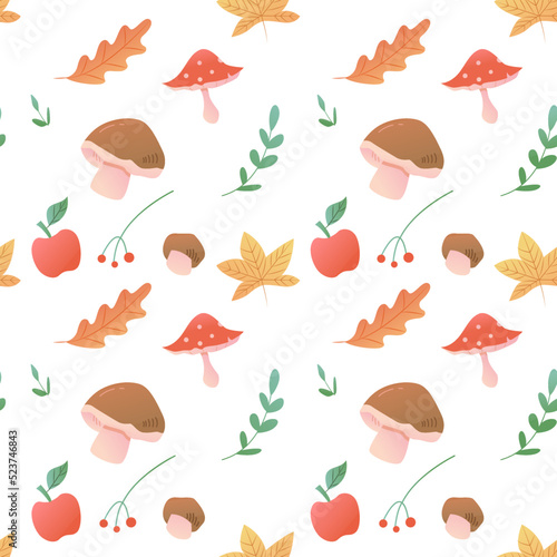 Seamless autumn pattern with leaves, mushrooms and apple on a white background. Perfect for wallpaper, textile design, gift paper, pattern fill, web page background, autumn greeting cards.