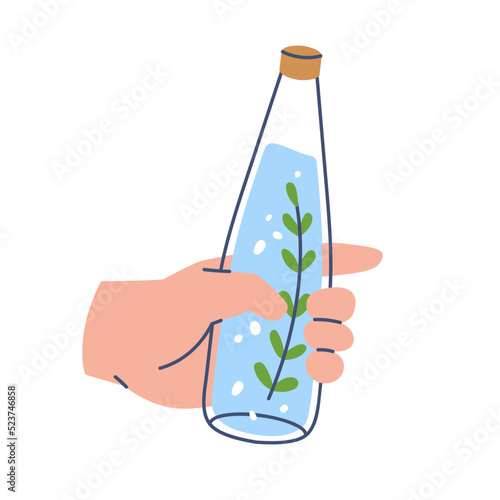 Water infused with rosemary leaf. Holding aromatic fresh aqua bottle in hand. Refreshing summer detox drink, refreshment for hydration. Line-art flat vector illustration isolated on white background