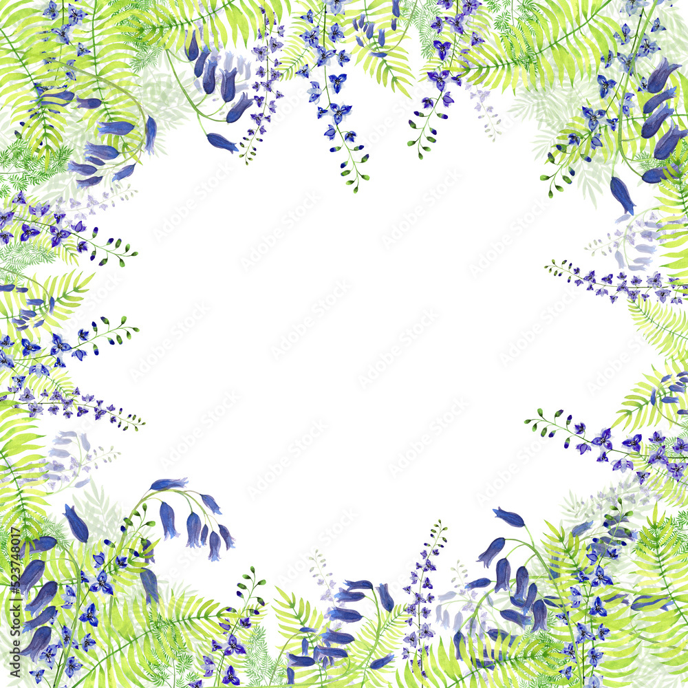 Hand-painted watercolor frame with bluebells, ferns and delphinium. Hand-painted watercolor frame with bluebells, ferns and delphinium.